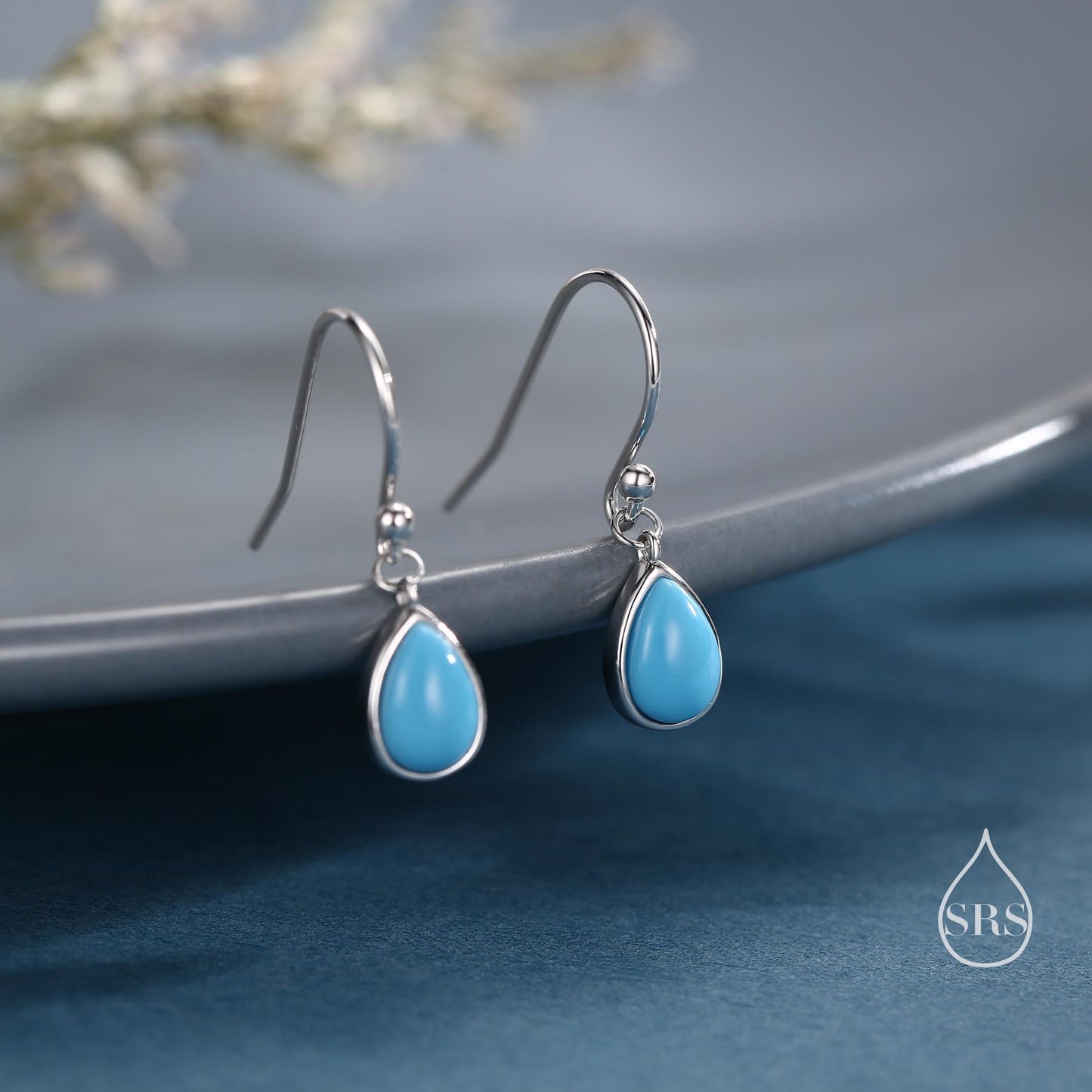 Pear Cut Blue Turquoise Stone Drop Hook Earrings in Sterling Silver, Natural Blue Turquoise Earrings, Pear Droplet Turquoise Earrings