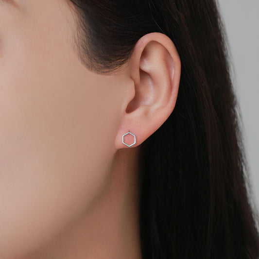 Open Hexagon Stud Earrings in Sterling Silver, Minimalist Geometric Design