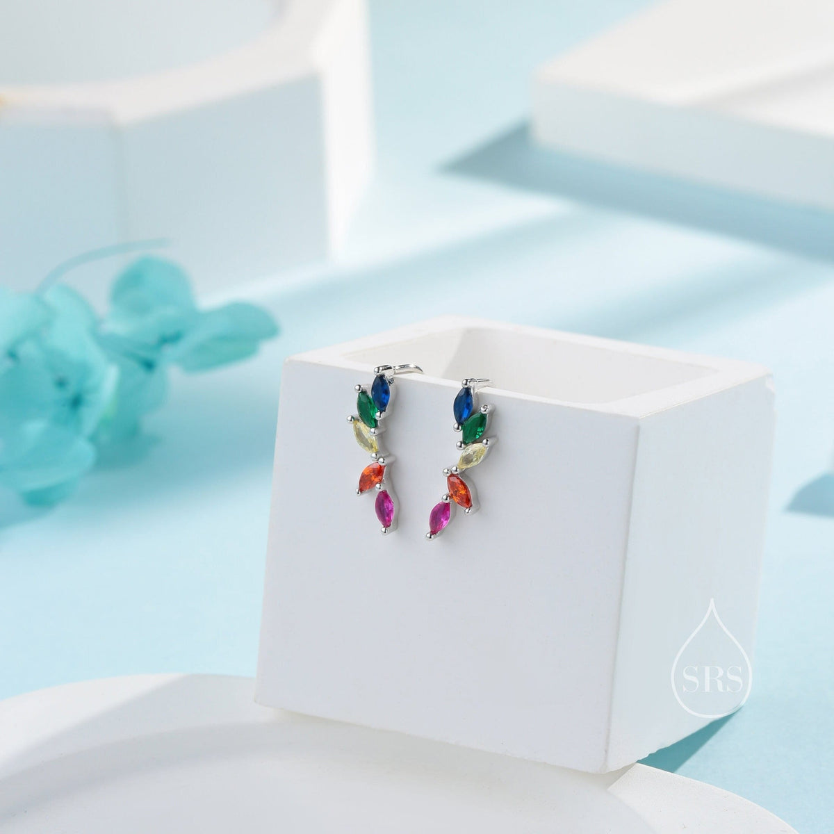 Rainbow Marquise CZ Cluster Crawler Earrings in Sterling Silver, Silver or Gold, Marquise CZ Cluster Crawler, Cluster Earrings