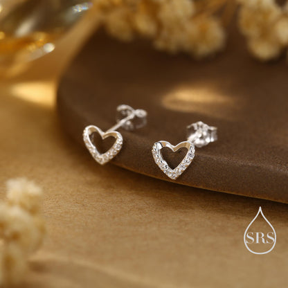 Small Pair of Open Heart Earrings in Sterling Silver with Sparkly CZ Crystals, Small Heart Earrings, CZ Heart Earrings