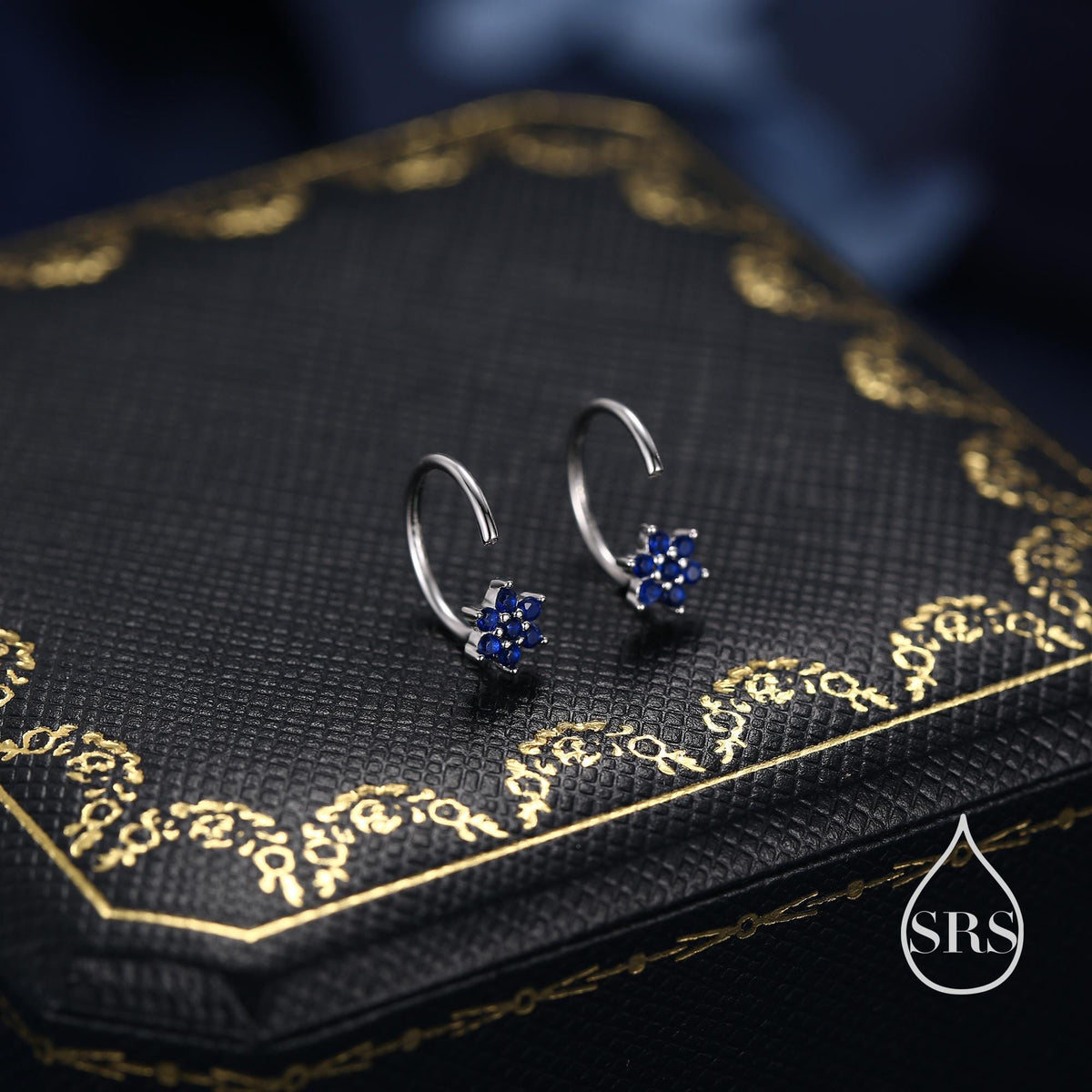 Sapphire Blue Flower Huggie Hoop Earrings in Sterling Silver, Tiny CZ Cluster Open Hoops, Pull Through Threaders, Half Hoops