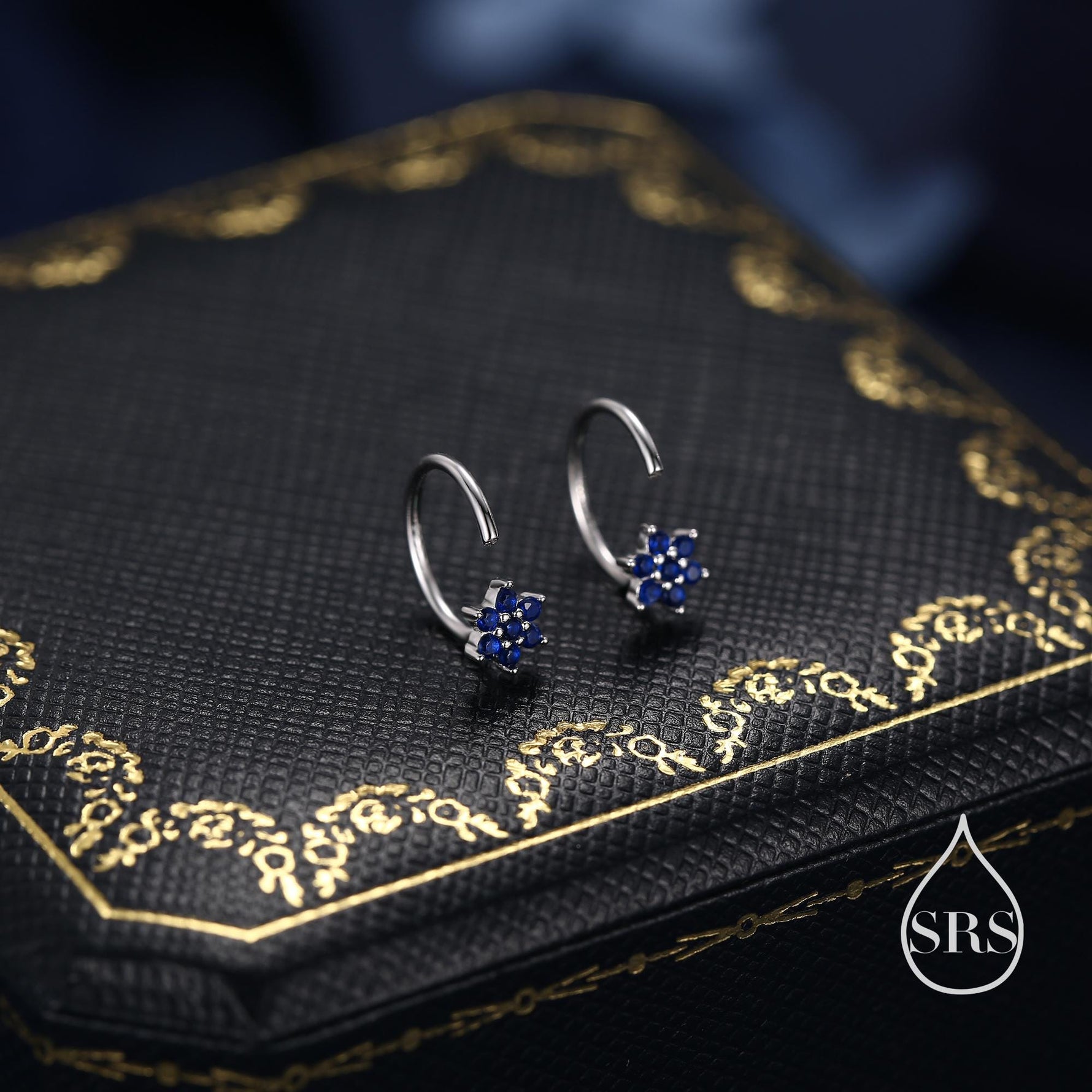 Sapphire Blue Flower Huggie Hoop Earrings in Sterling Silver, Tiny CZ Cluster Open Hoops, Pull Through Threaders, Half Hoops