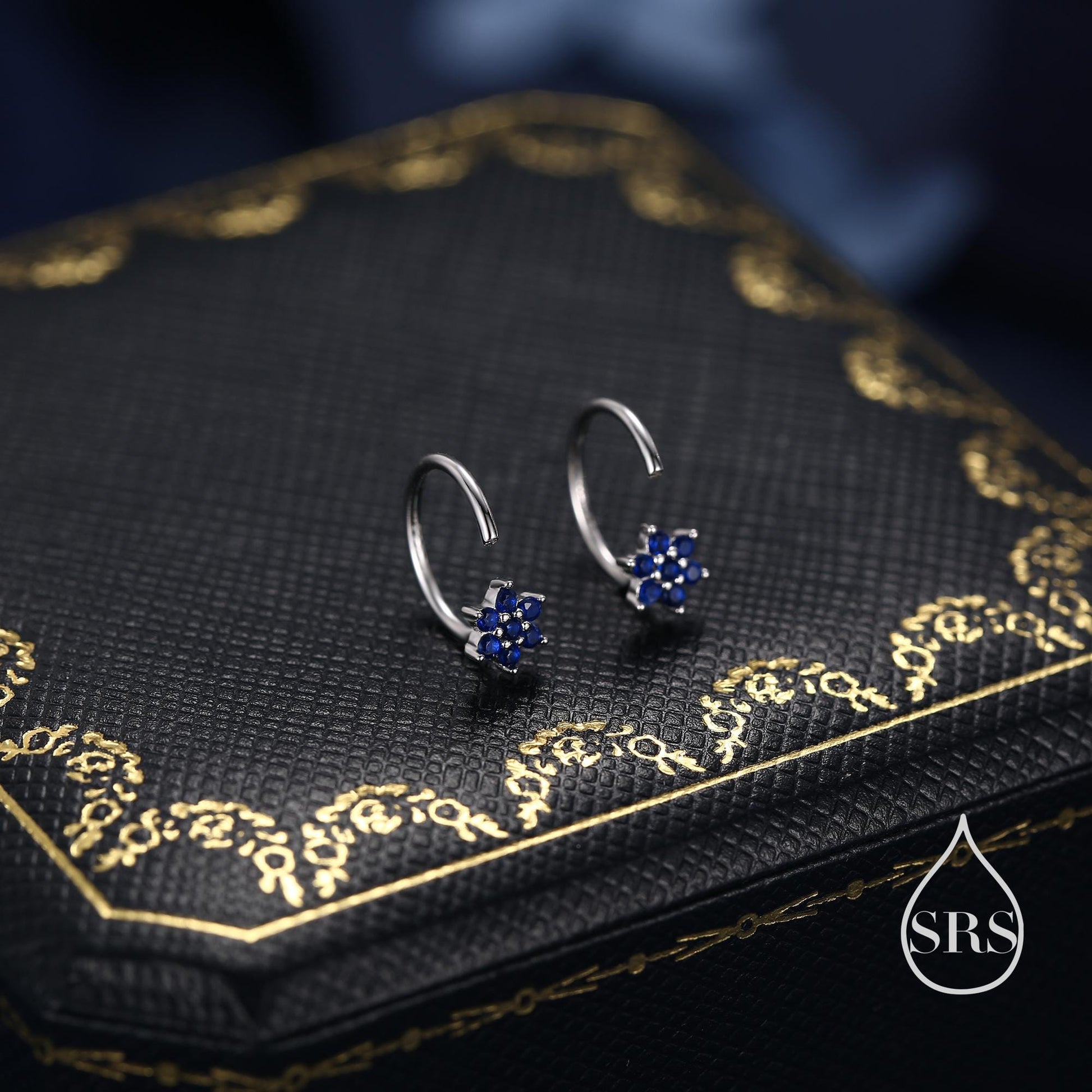 Sapphire Blue Flower Huggie Hoop Earrings in Sterling Silver, Tiny CZ Cluster Open Hoops, Pull Through Threaders, Half Hoops