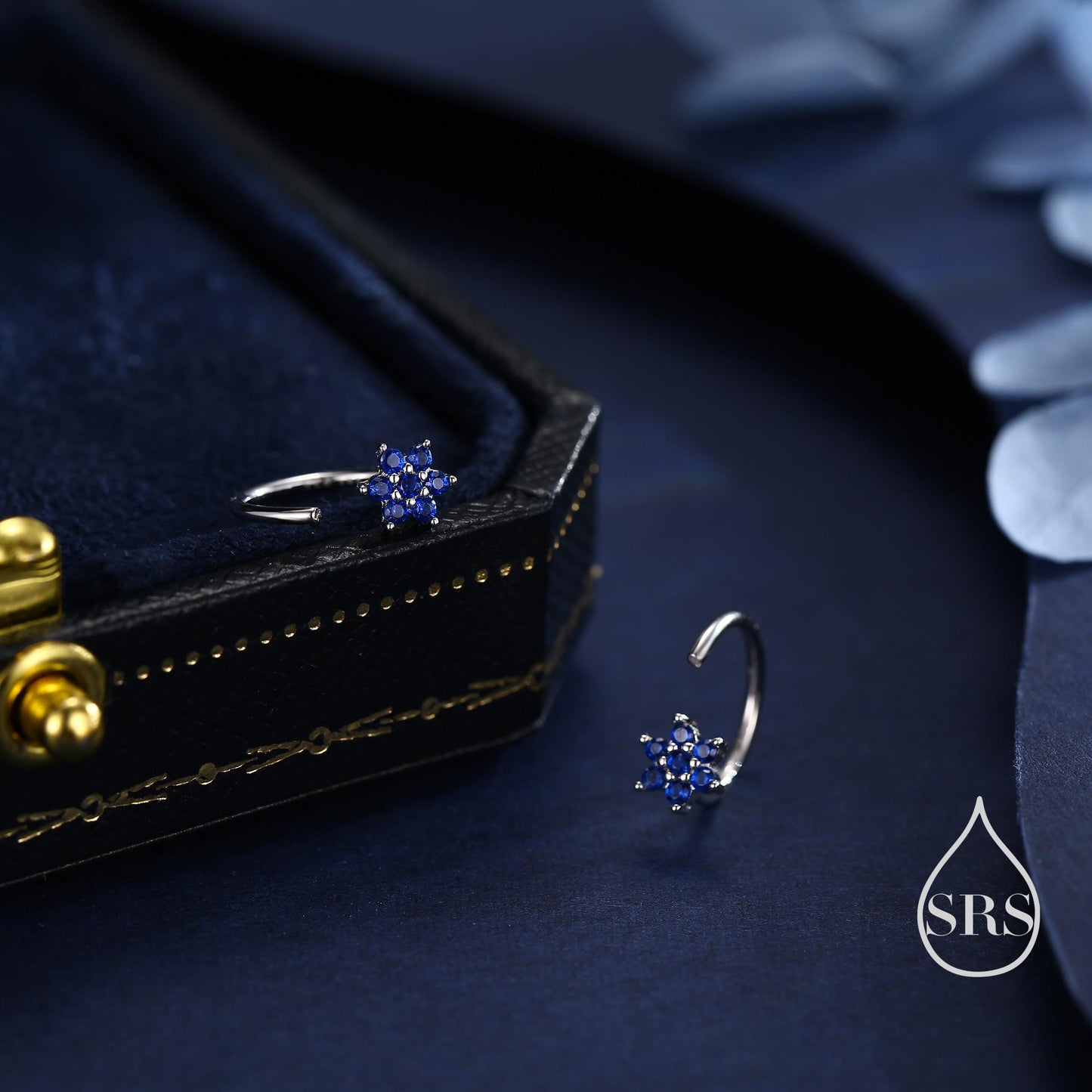 Sapphire Blue Flower Huggie Hoop Earrings in Sterling Silver, Tiny CZ Cluster Open Hoops, Pull Through Threaders, Half Hoops