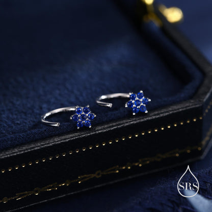Sapphire Blue Flower Huggie Hoop Earrings in Sterling Silver, Tiny CZ Cluster Open Hoops, Pull Through Threaders, Half Hoops