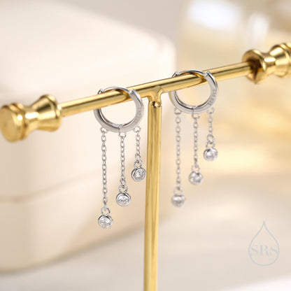 Dangle CZ Crystal Huggie Hoop Earrings in Sterling Silver, Silver or Gold or Rose Gold, Delicate Sparky  CZ Skinny Hoops