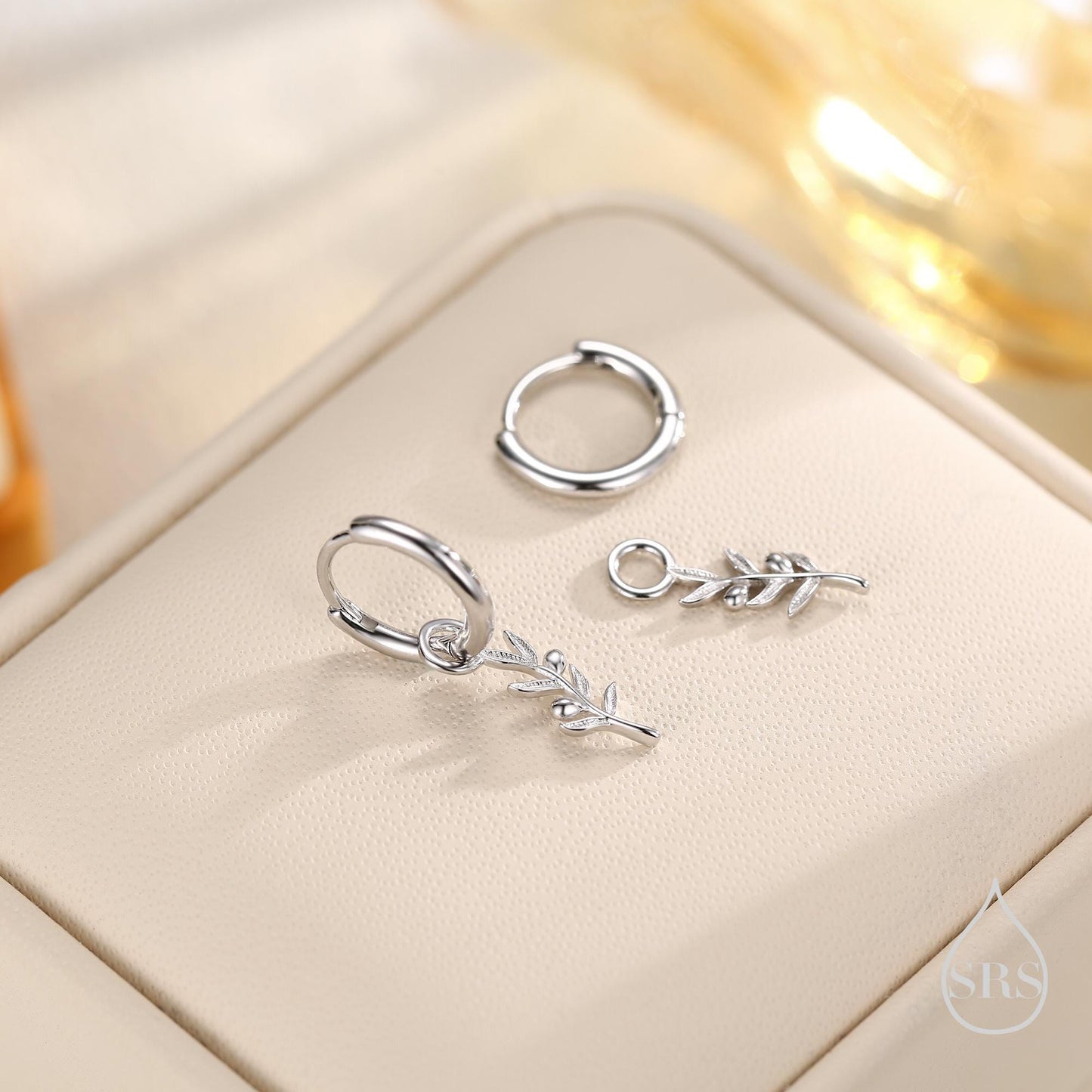 Sterling Silver Olive Branch Huggie Hoop Earrings, Delicate Silver Olive Leaf Earrings, Two Finishes Available