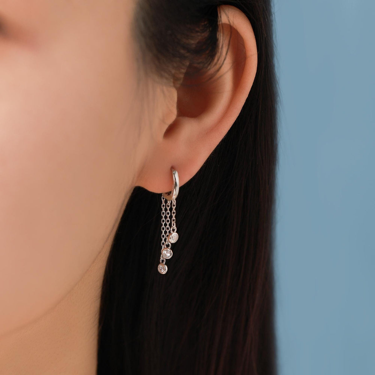 Dangle CZ Crystal Huggie Hoop Earrings in Sterling Silver, Silver or Gold or Rose Gold, Delicate Sparky CZ Skinny Hoops