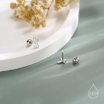 Tiny Cross Screw Back Earrings in Sterling Silver, Silver or Gold or Rose Gold, Small Cross Barbell Earrings