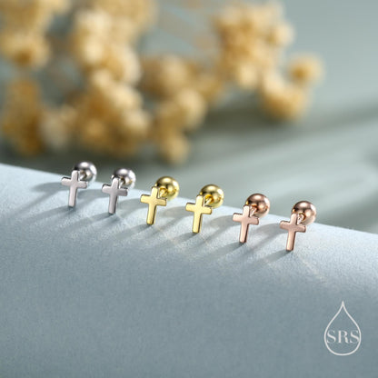 Tiny Cross Screw Back Earrings in Sterling Silver, Silver or Gold or Rose Gold, Small Cross Barbell Earrings