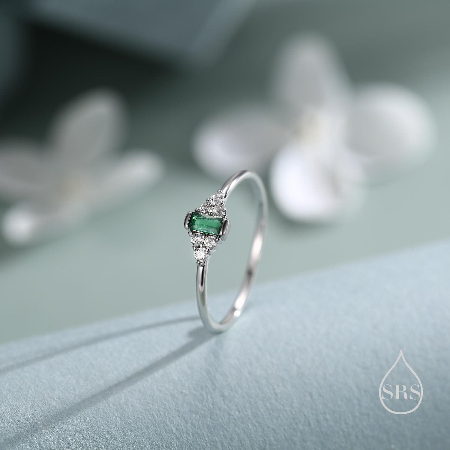 Vintage Inspired Emerald Green CZ Ring in Sterling Silver, Baguette Ring, Delicate Emerald Ring, Size US 5 - 8