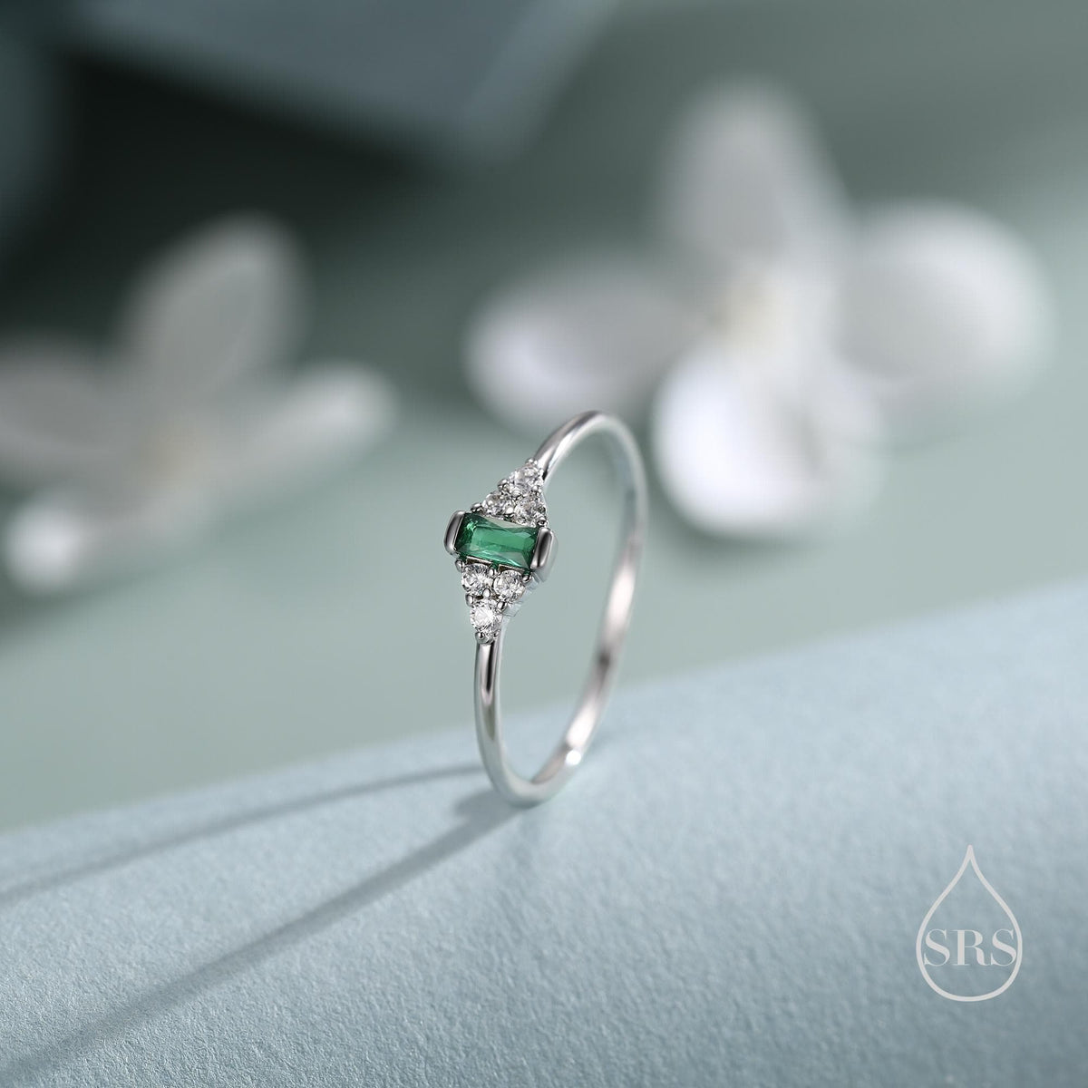 Vintage Inspired Emerald Green CZ Ring in Sterling Silver, Baguette Ring, Delicate Emerald Ring, Size US 5 - 8