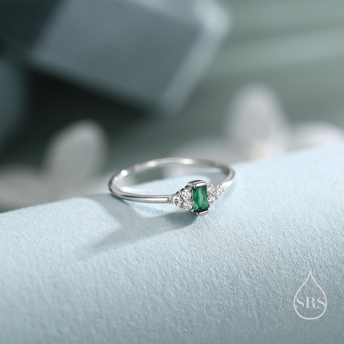 Vintage Inspired Emerald Green CZ Ring in Sterling Silver, Baguette Ring, Delicate Emerald Ring, Size US 5 - 8