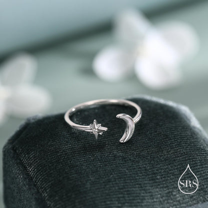 Sterling Silver Moon and Star Open Ring, Adjustable Size, Silver or Gold Finish, Starburst and Moon Ring, Celestial Jewellery,