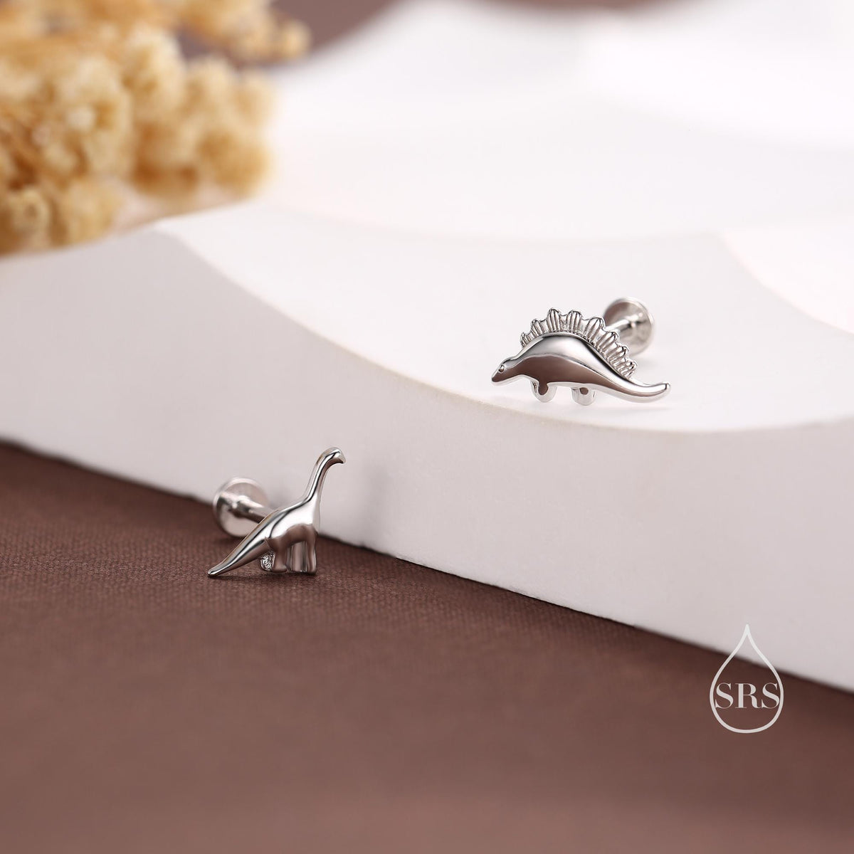 Mismatched Dinosaur Internally Threaded Flat Back /Screw Back / Stud Earrings in Sterling Silver, Silver or Gold or Rose Gold, Asymmetric