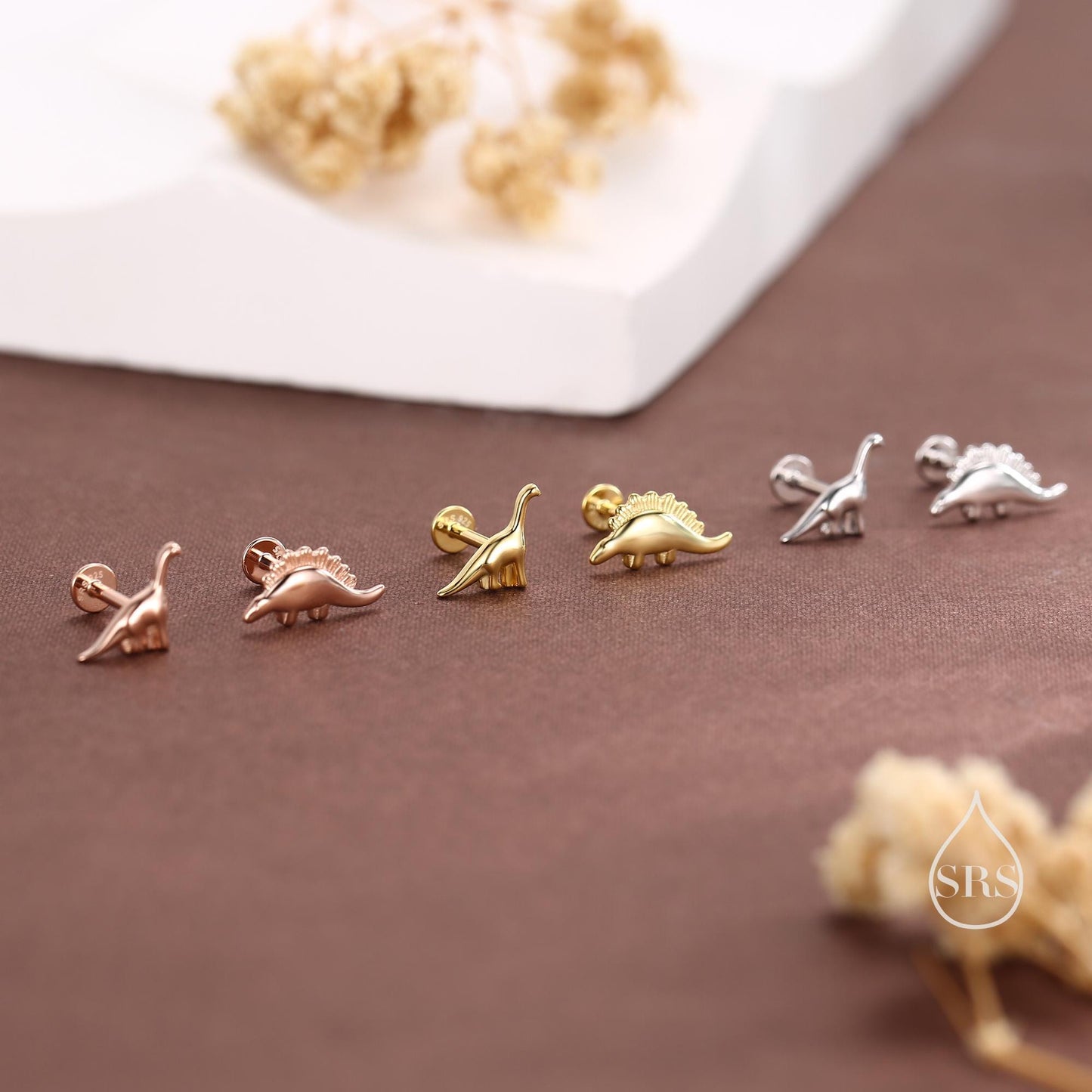 Mismatched Dinosaur Internally Threaded Flat Back / Stud Earrings in Sterling Silver, Silver or Gold or Rose Gold,  Asymmetric Earrings