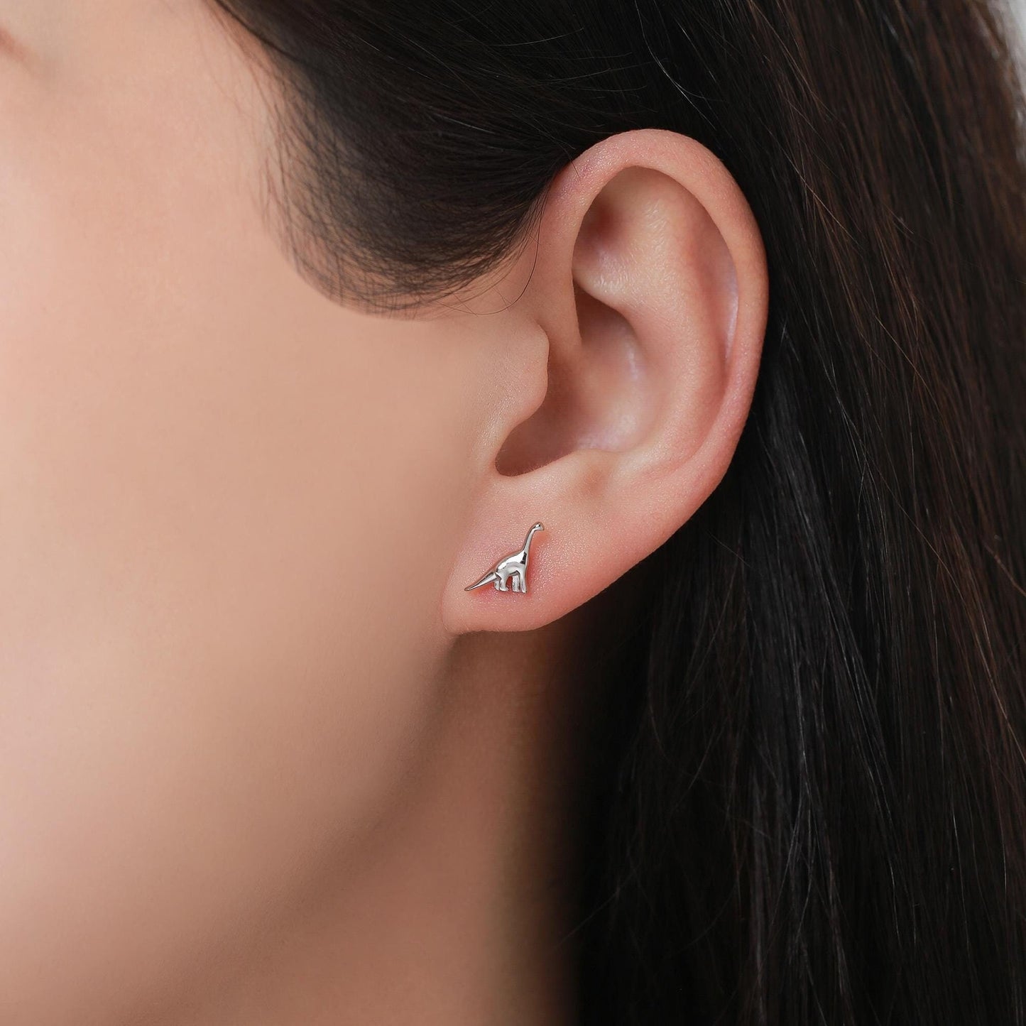 Small Dinosaur Stud Earrings in Sterling Silver, Silver Brachiosaurus Dino Earrings, Silver Dinosaur Earrings