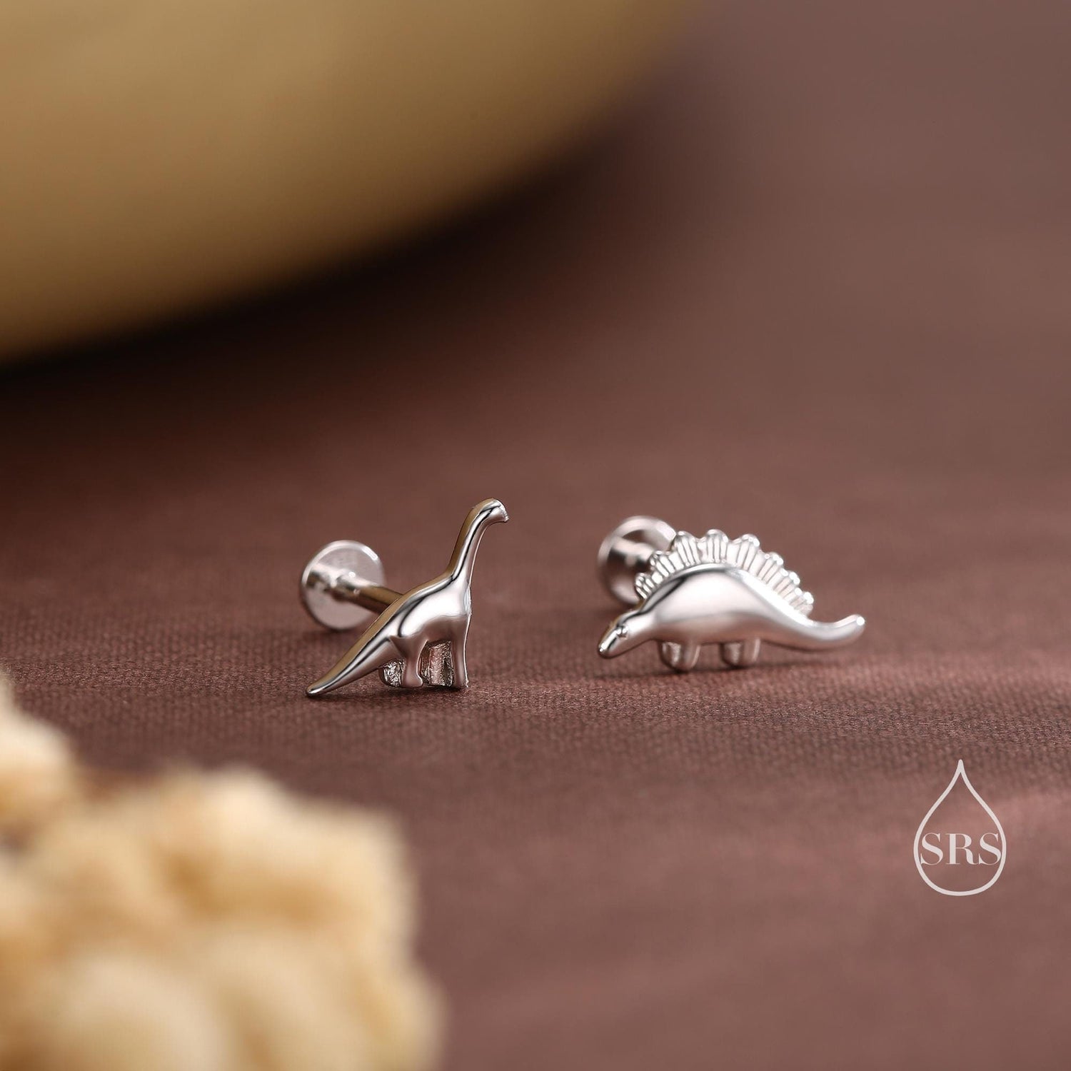 Mismatched Dinosaur Internally Threaded Flat Back /Screw Back / Stud Earrings in Sterling Silver, Silver or Gold or Rose Gold, Asymmetric