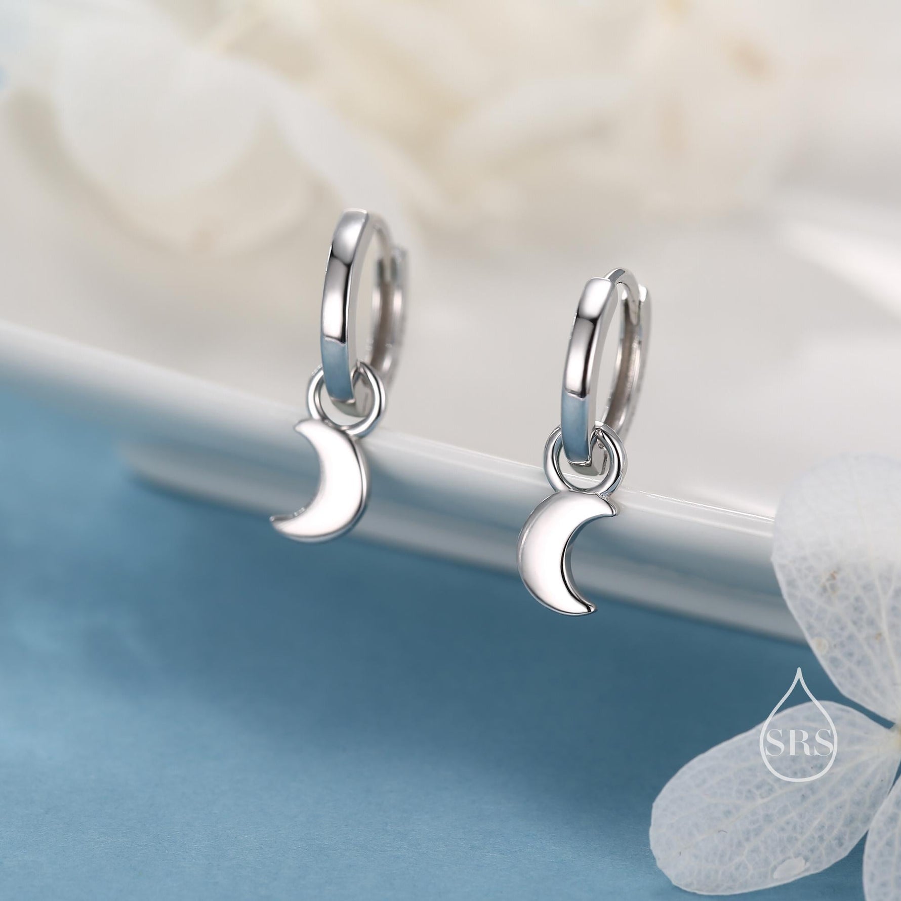 Crescent Moon Charm Huggie Hoop Earrings in Sterling Silver, Detachable Charm Hoops, Celestial Earrings, Silver, Gold and Rose Gold