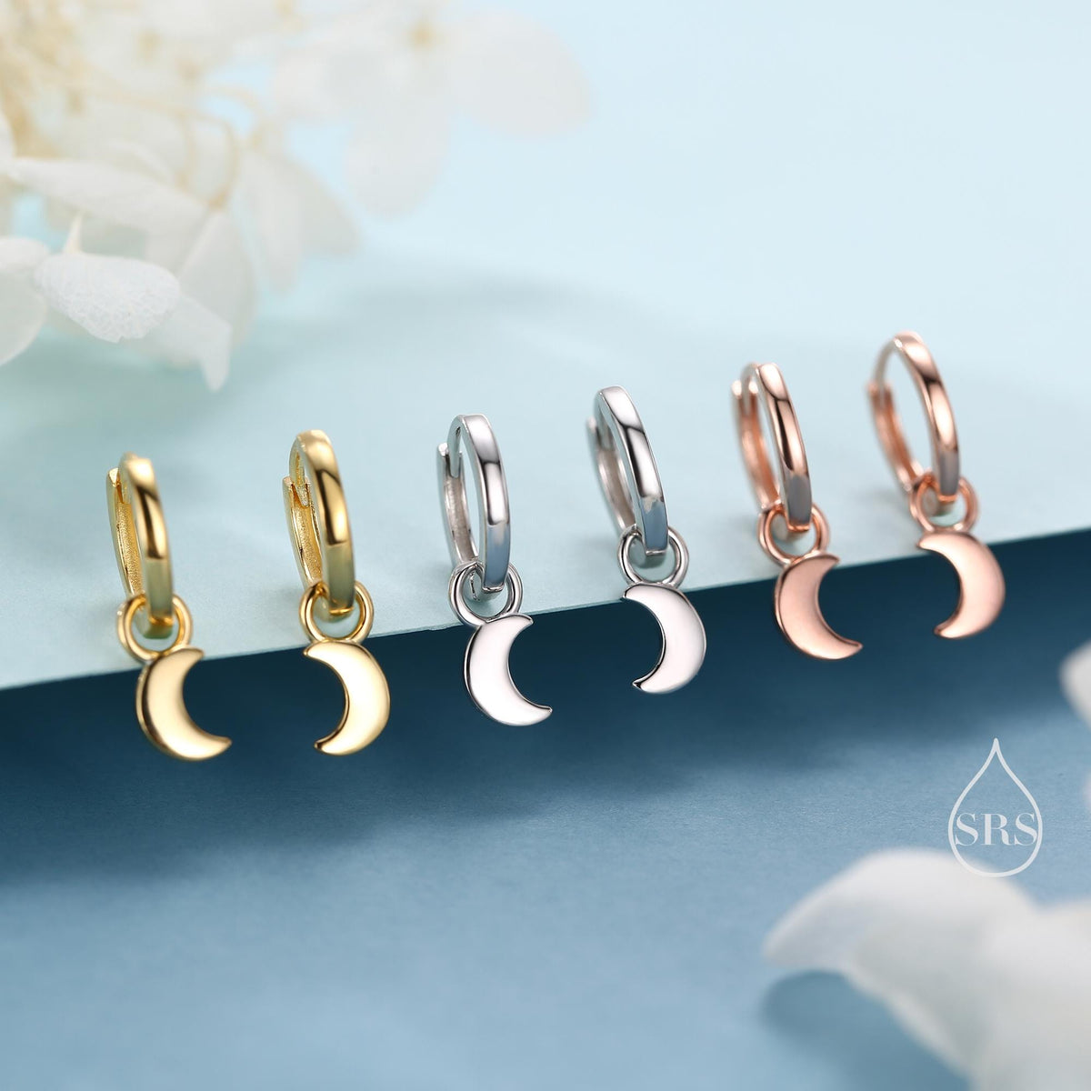 Crescent Moon Charm Huggie Hoop Earrings in Sterling Silver, Detachable Charm Hoops, Celestial Earrings, Silver, Gold and Rose Gold