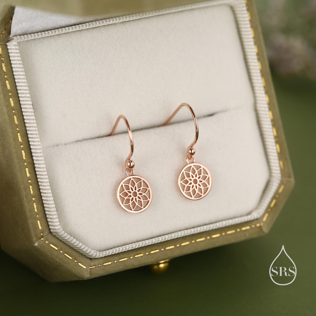 Mandala Flower Disk Dangle Drop Earrings in Sterling Silver, Silver or Gold or Rose Gold, Skinny Mandala Earrings, Mandala Flower Earrings