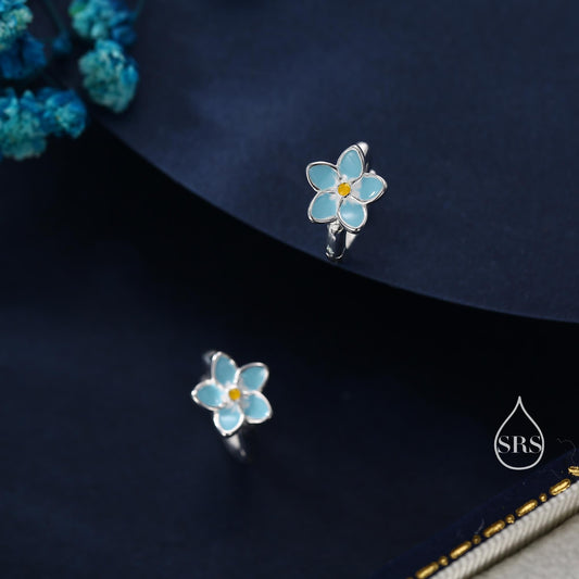 Dainty Forget Me Not Flower Huggie Hoop in Sterling Silver,  Enamel Flower hoop Earrings, Forget Me Not Floral Earrings, 8mm Inner Diameter