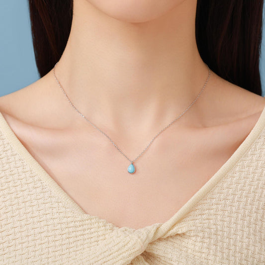 Genuine Tiny Blue Turquoise Pear Necklace in Sterling Silver, Droplet Cabochon Natural Turquoise Pendant Necklace