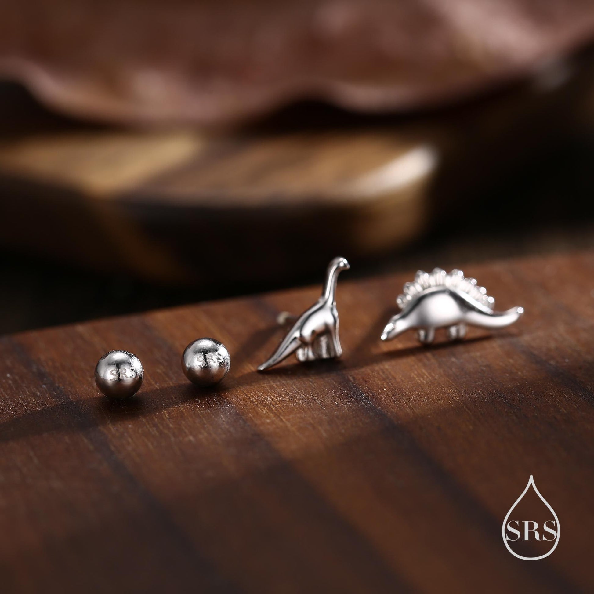 Mismatched Dinosaur Internally Threaded Flat Back /Screw Back / Stud Earrings in Sterling Silver, Silver or Gold or Rose Gold, Asymmetric