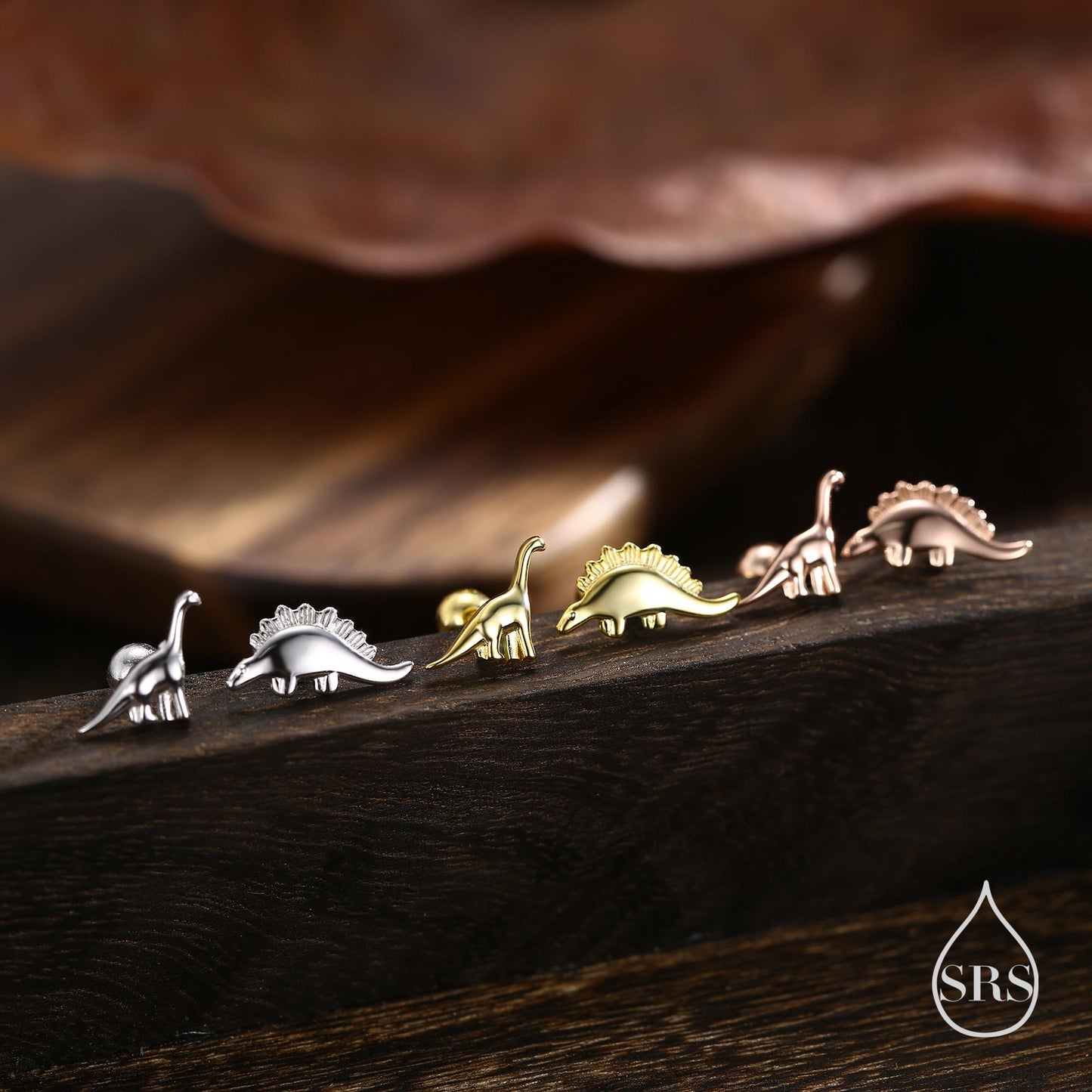 Mismatched Dinosaur Screw Back / Internally Threaded Flat Back  / Stud Earrings in Sterling Silver, Silver or Gold or Rose Gold,  Asymmetric