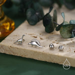 Mismatched Dinosaur Screw Back / Internally Threaded Flat Back / Stud Earrings in Sterling Silver, Silver or Gold or Rose Gold, Asymmetric