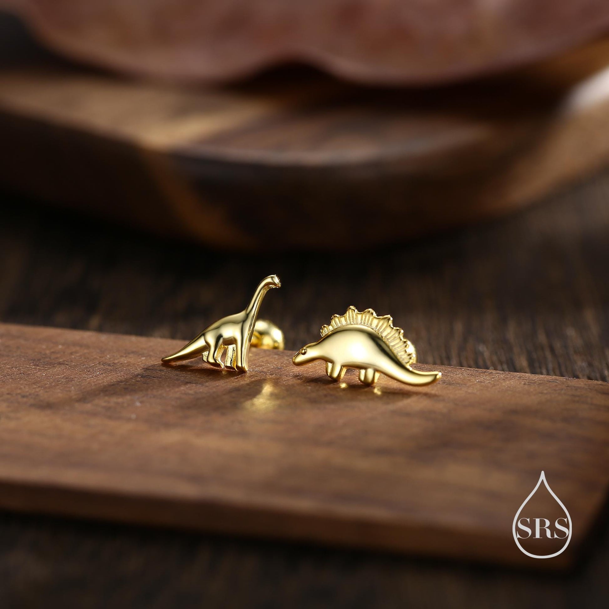 Mismatched Dinosaur Stud Earrings in Sterling Silver, Silver, Gold or Rose Gold, Asymmetric Stegosaurus and Brachiosaurus Dino Earrings