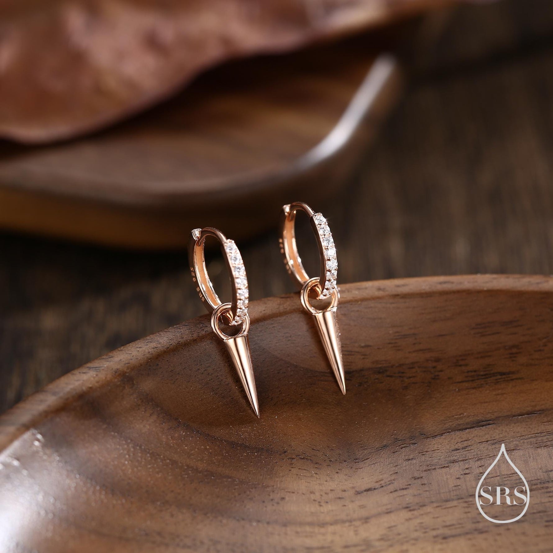 Sterling Silver Delicate Spike Hoop Earrings, Detachable Charm Dangle Hoop Earrings, Silver or Gold or Rose Gold or Black, Interchangeable