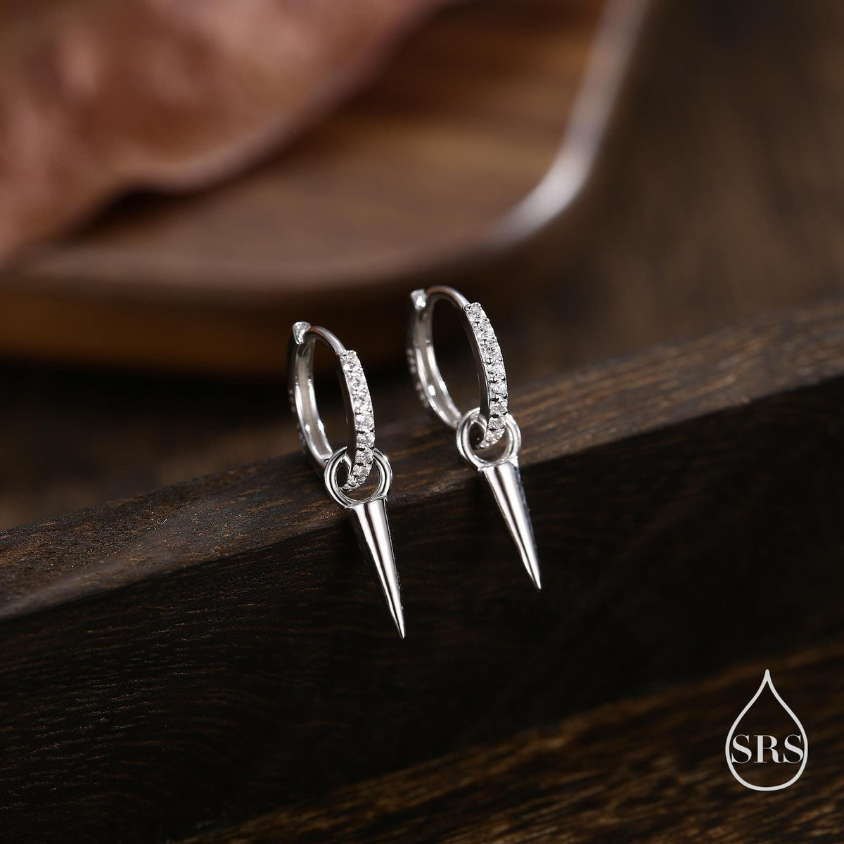 Sterling Silver Delicate Spike Hoop Earrings, Detachable Charm Dangle Hoop Earrings, Silver or Gold or Rose Gold or Black, Interchangeable