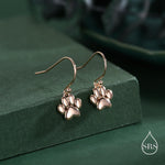 Paw Print Drop Hook Earrings in Sterling Silver, Silver or Gold or Rose Gold, Pet Earrings, Dog Earrings, Cat Earrings