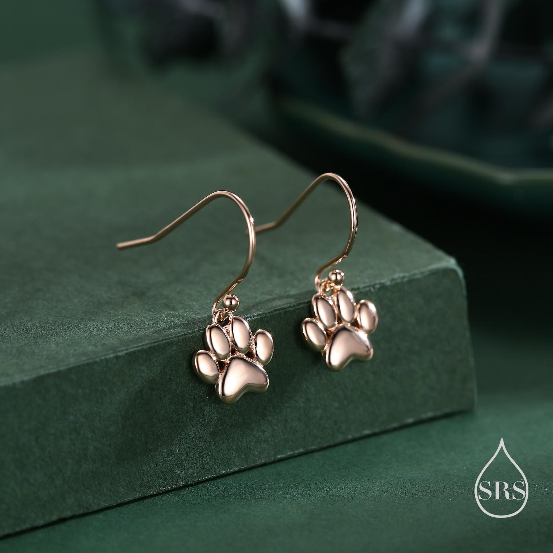 Paw Print Drop Hook Earrings in Sterling Silver, Silver or Gold or Rose Gold, Pet Earrings, Dog Earrings, Cat Earrings