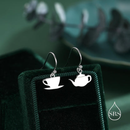 Mismatched Teapot and Tea Drop Hook Earrings in Sterling Silver, Silver or Gold or Rose Gold,  Asymmetric Teacup Earrings,