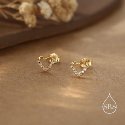 Small Pair of Open Heart Earrings in Sterling Silver with Sparkly CZ Crystals, Small Heart Earrings, CZ Heart Earrings