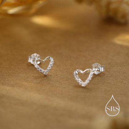 Small Pair of Open Heart Earrings in Sterling Silver with Sparkly CZ Crystals, Small Heart Earrings, CZ Heart Earrings