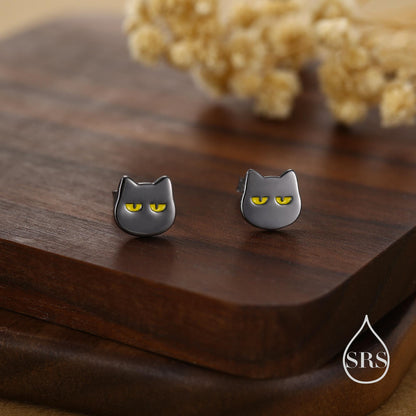 Quirky Black Cat Stud Earrings in Sterling Silver, Black Rhodium Coated Cat Earrings, Cute Cat Earrings, Silver Cat Earrings