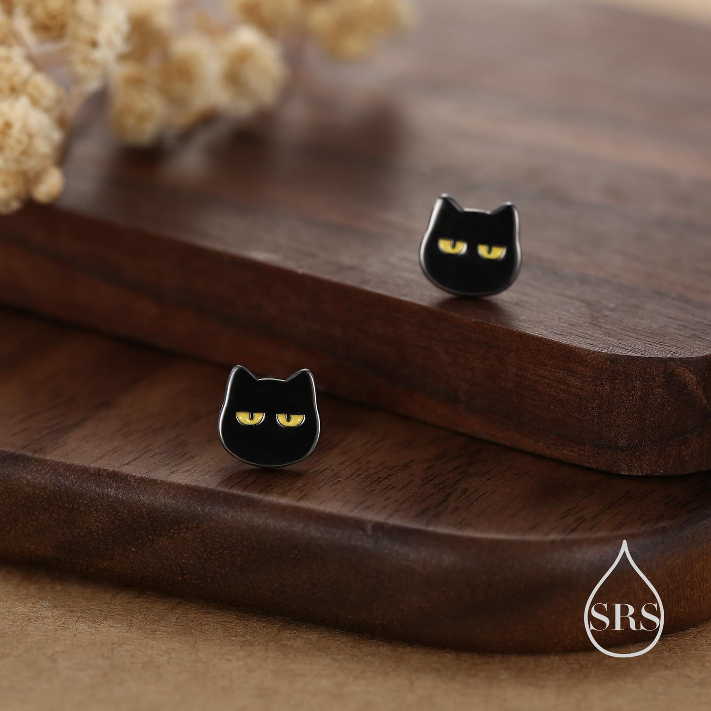 Quirky Black Cat Stud Earrings in Sterling Silver, Black Rhodium Coated Cat Earrings, Cute Cat Earrings, Silver Cat Earrings