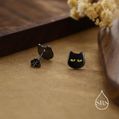 Quirky Black Cat Stud Earrings in Sterling Silver, Black Rhodium Coated Cat Earrings, Cute Cat Earrings, Silver Cat Earrings