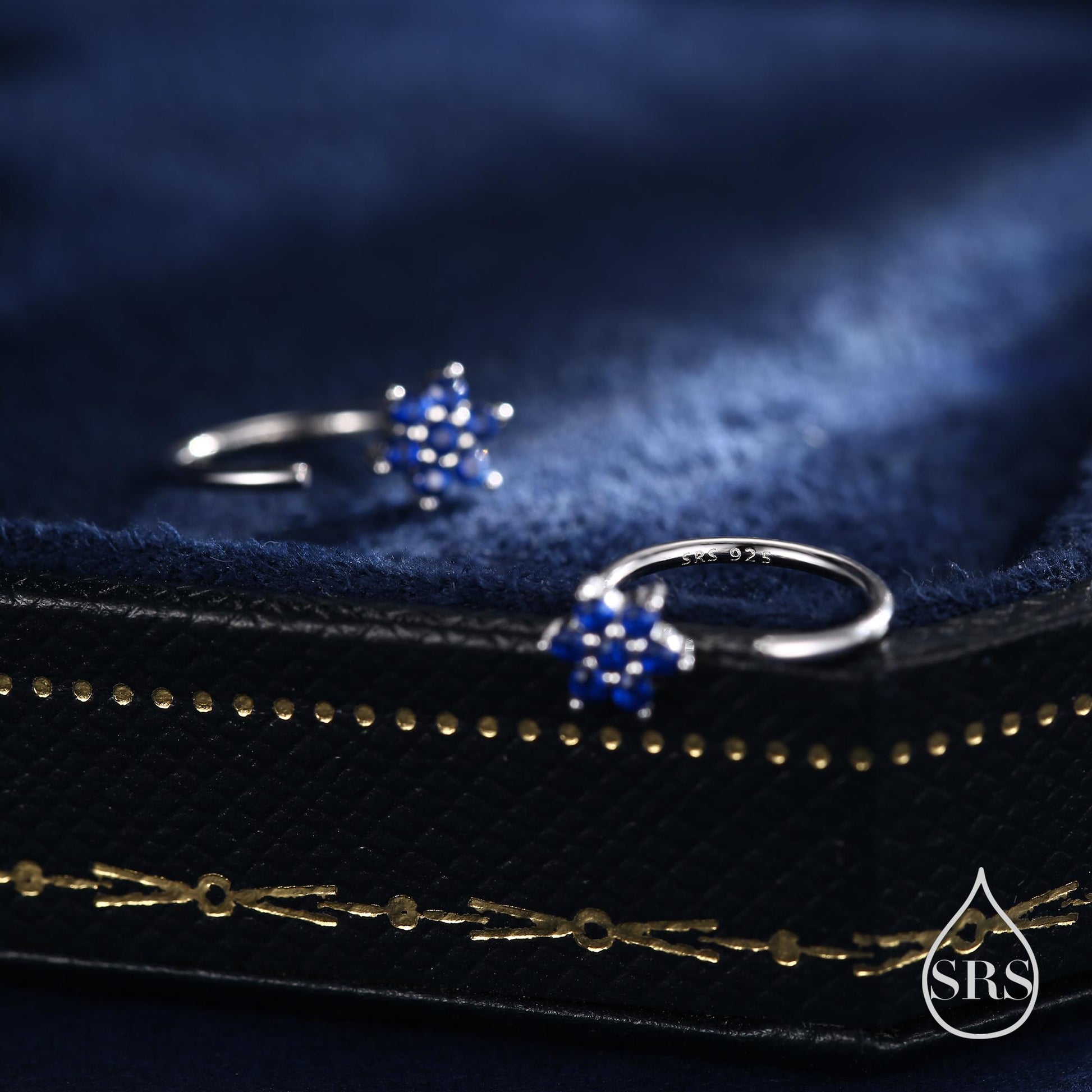 Sapphire Blue Flower Huggie Hoop Earrings in Sterling Silver, Tiny CZ Cluster Open Hoops, Pull Through Threaders, Half Hoops