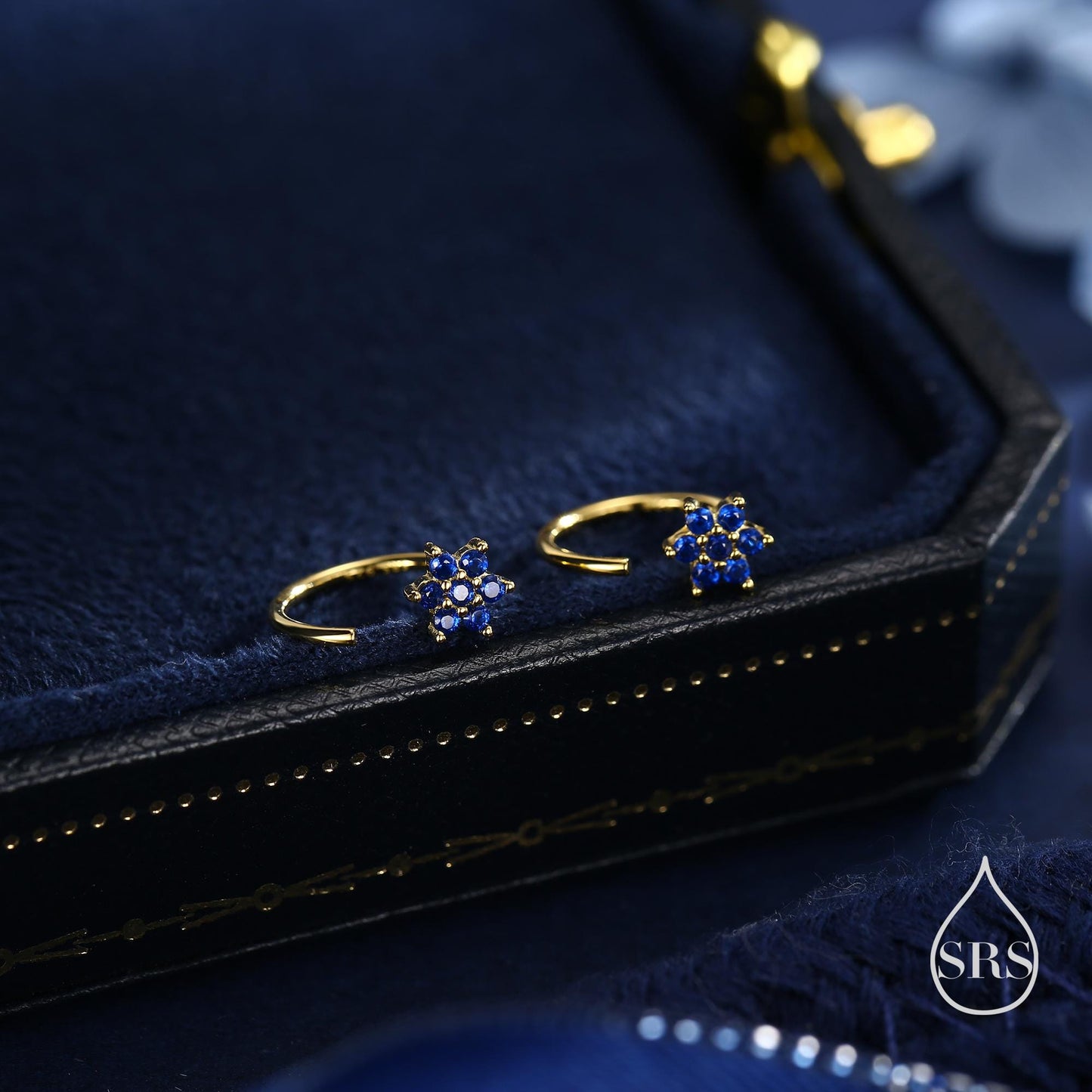 Sapphire Blue Flower Huggie Hoop Earrings in Sterling Silver, Tiny CZ Cluster Open Hoops, Pull Through Threaders, Half Hoops