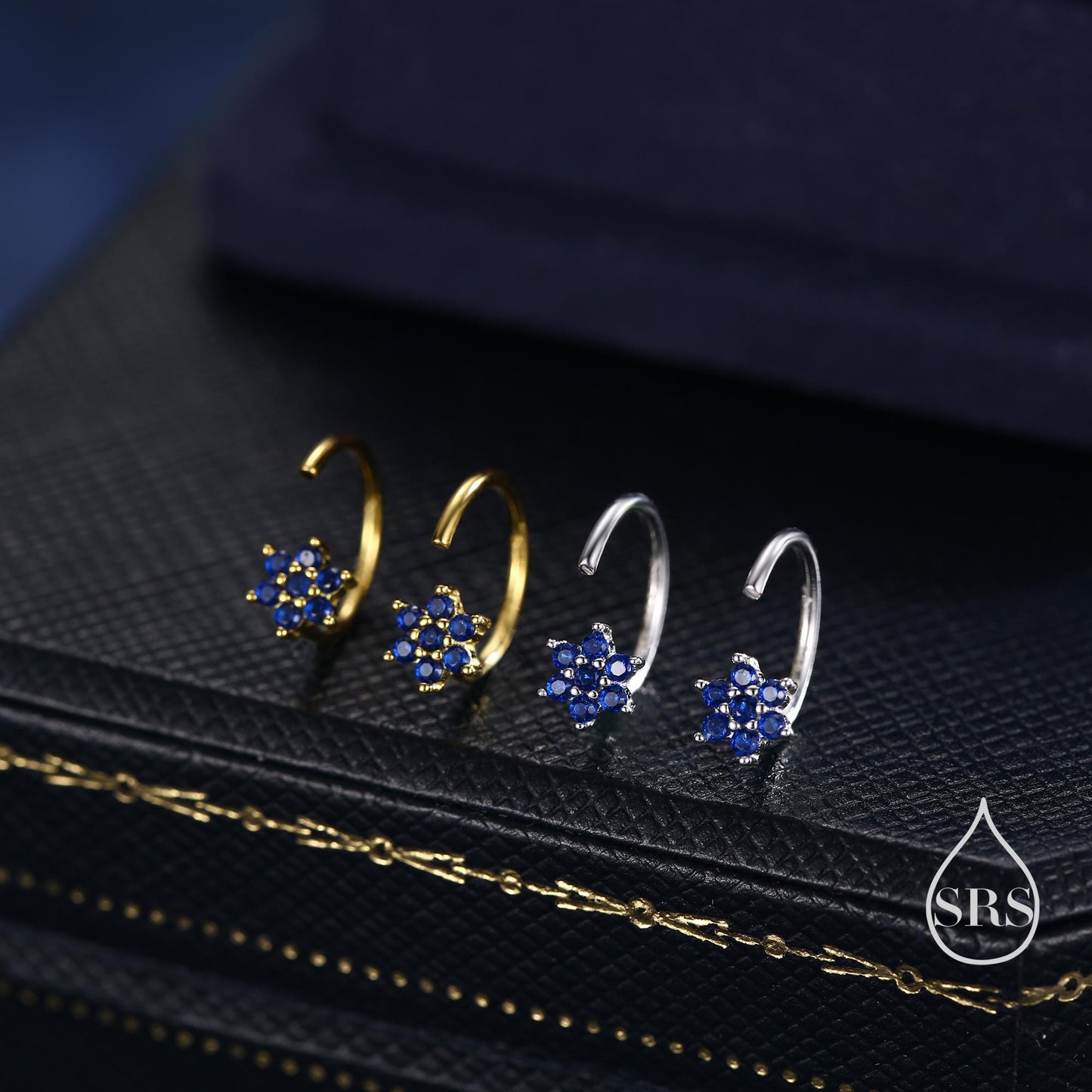 Sapphire Blue Flower Huggie Hoop Earrings in Sterling Silver, Tiny CZ Cluster Open Hoops, Pull Through Threaders, Half Hoops