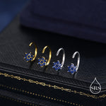 Sapphire Blue Flower Huggie Hoop Earrings in Sterling Silver, Tiny CZ Cluster Open Hoops, Pull Through Threaders, Half Hoops