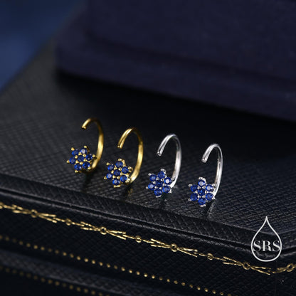 Sapphire Blue Flower Huggie Hoop Earrings in Sterling Silver, Tiny CZ Cluster Open Hoops, Pull Through Threaders, Half Hoops