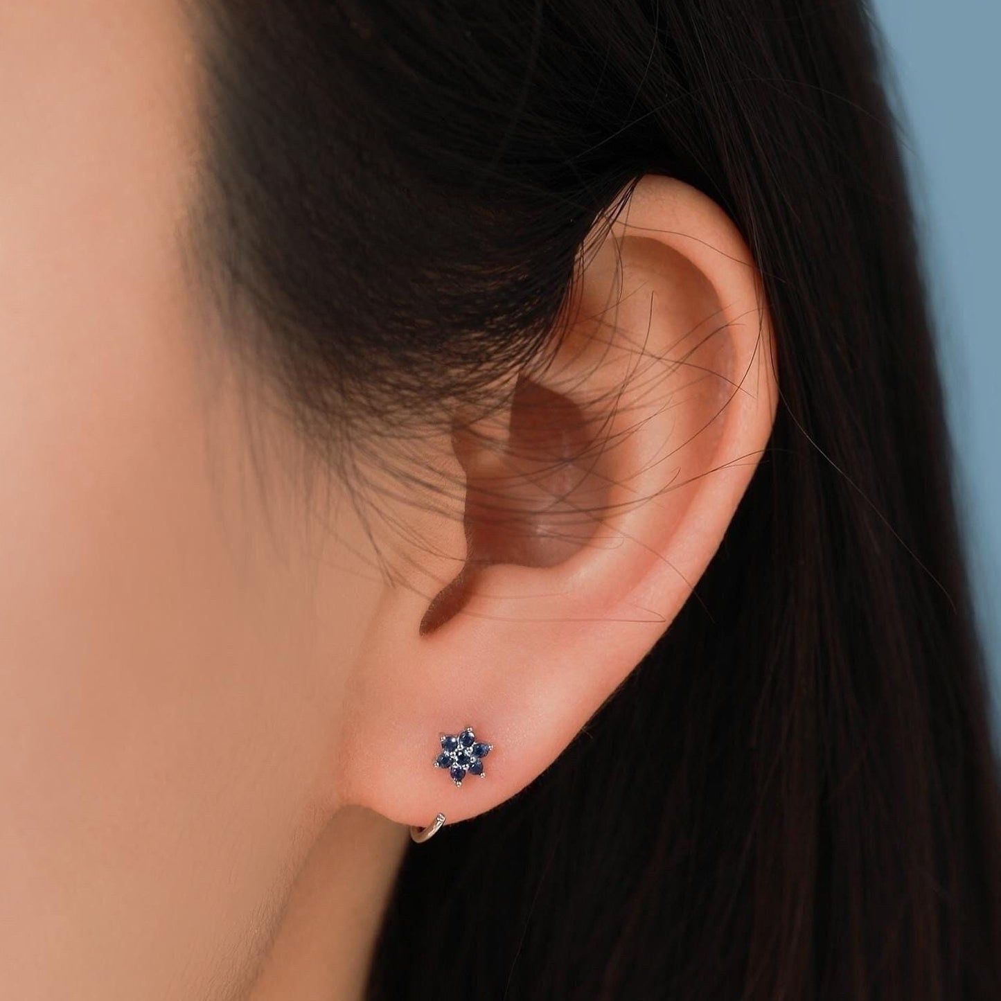 Sapphire Blue Flower Huggie Hoop Earrings in Sterling Silver, Tiny CZ Cluster Open Hoops, Pull Through Threaders, Half Hoops