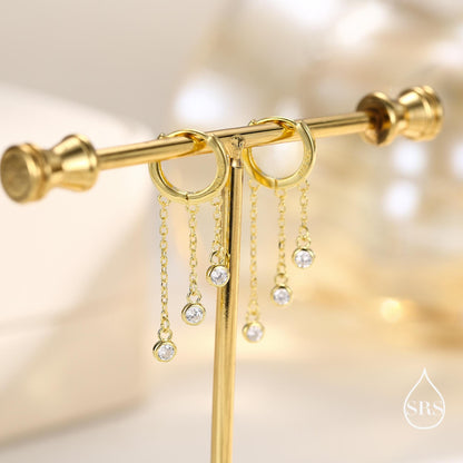 Dangle CZ Crystal Huggie Hoop Earrings in Sterling Silver, Silver or Gold or Rose Gold, Delicate Sparky  CZ Skinny Hoops