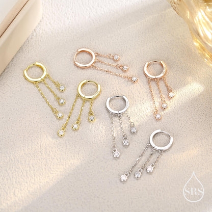 Dangle CZ Crystal Huggie Hoop Earrings in Sterling Silver, Silver or Gold or Rose Gold, Delicate Sparky  CZ Skinny Hoops