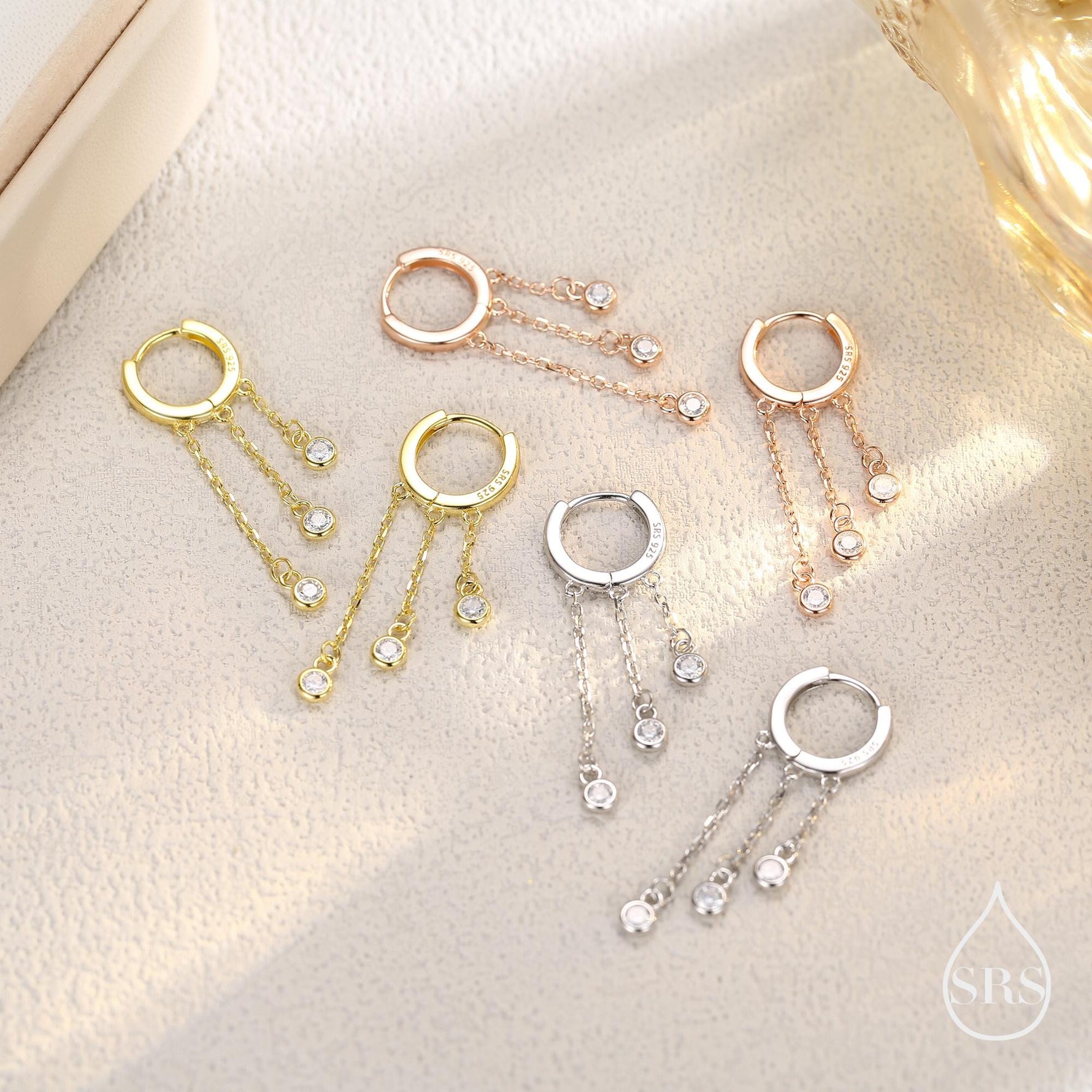 Dangle CZ Crystal Huggie Hoop Earrings in Sterling Silver, Silver or Gold or Rose Gold, Delicate Sparky CZ Skinny Hoops